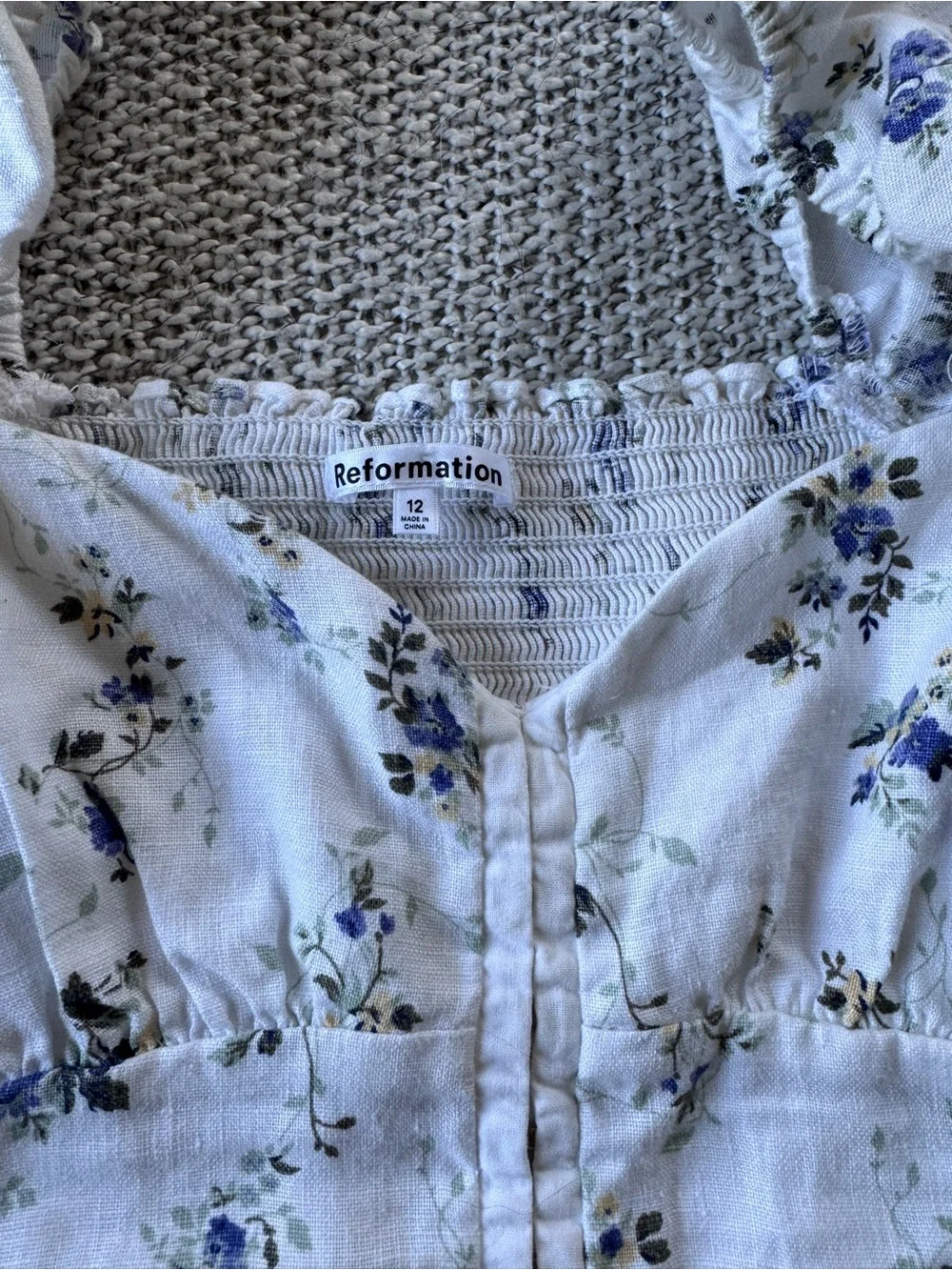 Reformation Cream Linen Top with Blue Floral Print and Puff Sleeves